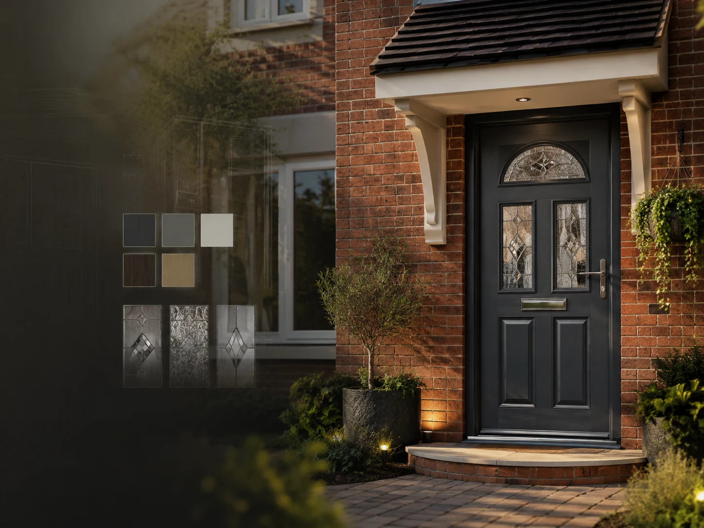Illustrative image of a dark grey composite door with a leaded fanlight above it and two leaded glass panels, set in red brick beneath a tiled porch canopy, with door colour and glass pattern swatches shown alongside.
